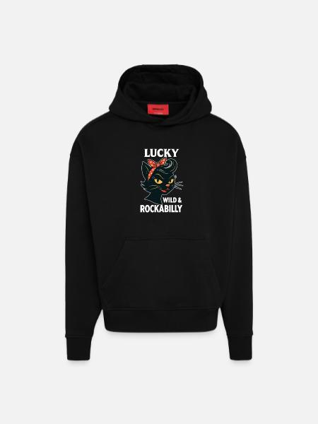 Lucky, Wild & Rockabilly : Black Retro Cat - Sweat à capuche bio épais oversize fabriqué en UE - SOLID BLACK
