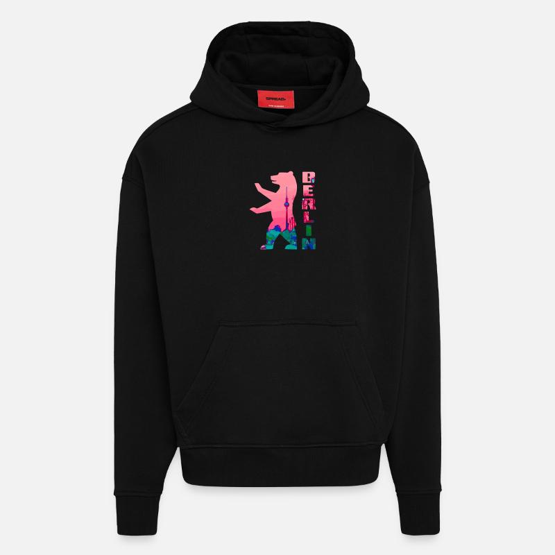 Silhouette de néon d’ours de Berlin - Sweat à capuche bio épais oversize fabriqué en UE - SOLID BLACK