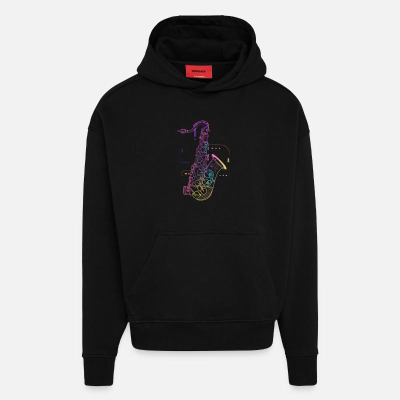 Dessin de saxophone - Sweat à capuche bio épais oversize fabriqué en UE - SOLID BLACK