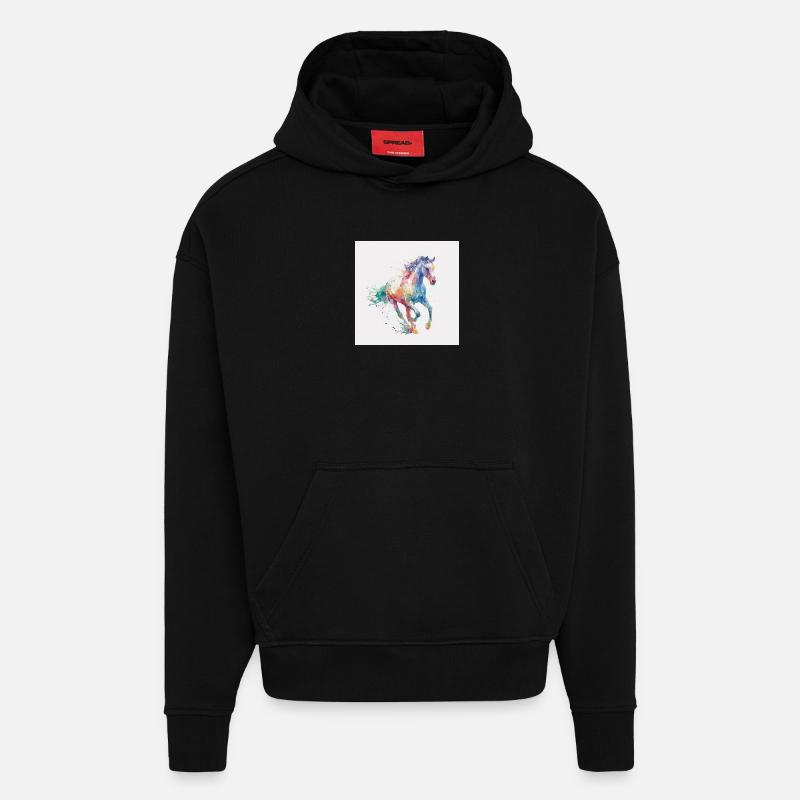 Explosion aquarelle du cheval arc-en-ciel - Sweat à capuche bio épais oversize fabriqué en UE - SOLID BLACK