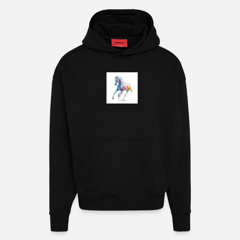 Cheval aquarelle arc-en-ciel en mouvement - Sweat à capuche bio épais oversize fabriqué en UE - SOLID BLACK