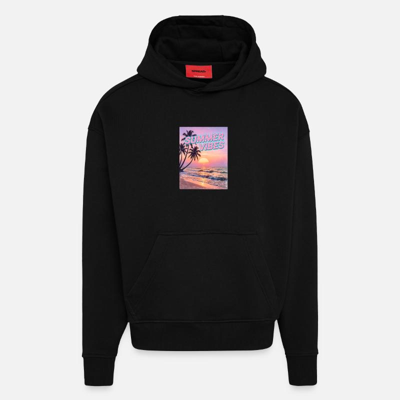Summer Vibes Retro Sunset Beach - Sweat à capuche bio épais oversize fabriqué en UE - SOLID BLACK