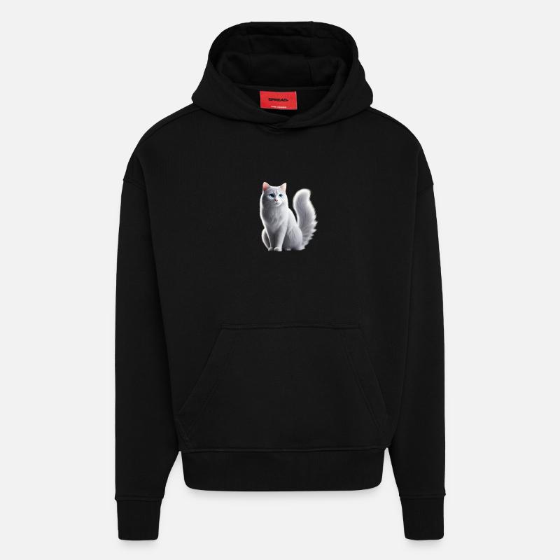 Chat Blanc Yeux Bleus - Sweat à capuche bio épais oversize fabriqué en UE - SOLID BLACK