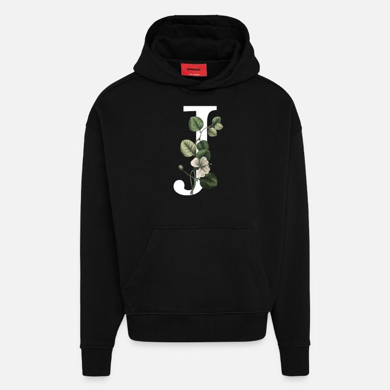 lettre j botanique vert - Sweat à capuche bio épais oversize fabriqué en UE - SOLID BLACK
