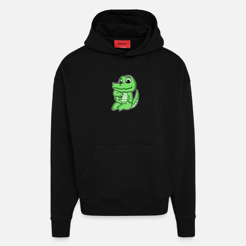 Famille Crocodile - Crocodile avec bébé - Sweat à capuche bio épais oversize fabriqué en UE - SOLID BLACK