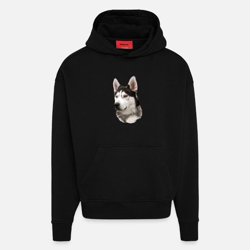 Visage husky Noir Blanc - Sweat à capuche bio épais oversize fabriqué en UE - SOLID BLACK