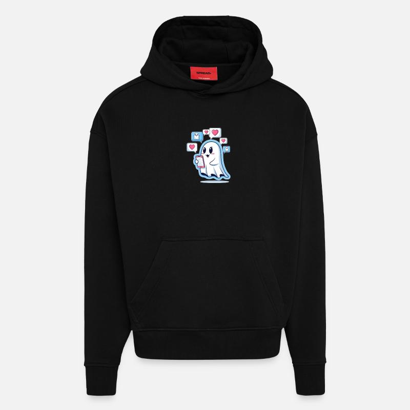 Cute ghost with smartphone - Hoodie- made by SPREAD  - SOLID BLACK