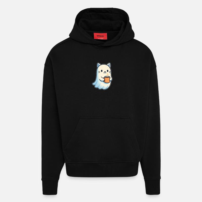 Kaffeegeist Katze mit Becher - Hoodie- made by SPREAD  - SOLID BLACK