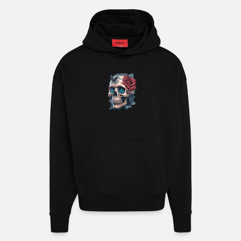 Crâne avec des roses - Sweat à capuche bio épais oversize fabriqué en UE - SOLID BLACK