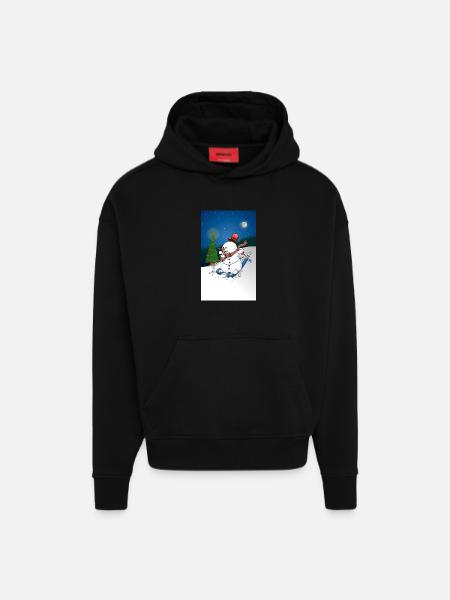 Illustration of a cheerful snowman on skis - Hoodie- made by SPREAD  - SOLID BLACK