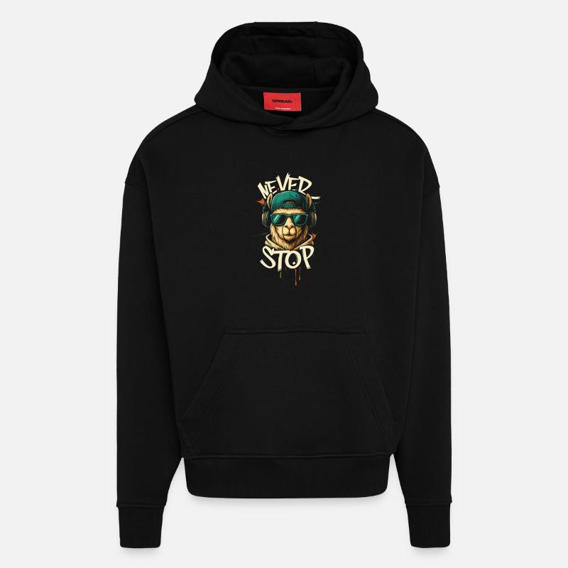 Llama DJ Never Stop - Hoodie- made by SPREAD - SOLID BLACK
