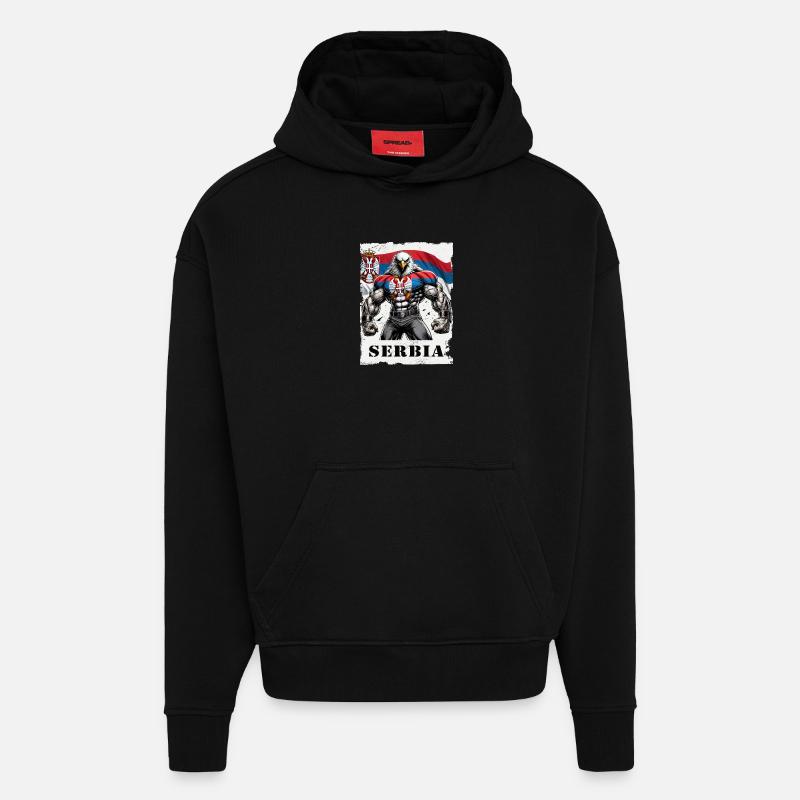 Design de musculation Serbia Eagle - Sweat à capuche bio épais oversize fabriqué en UE - SOLID BLACK