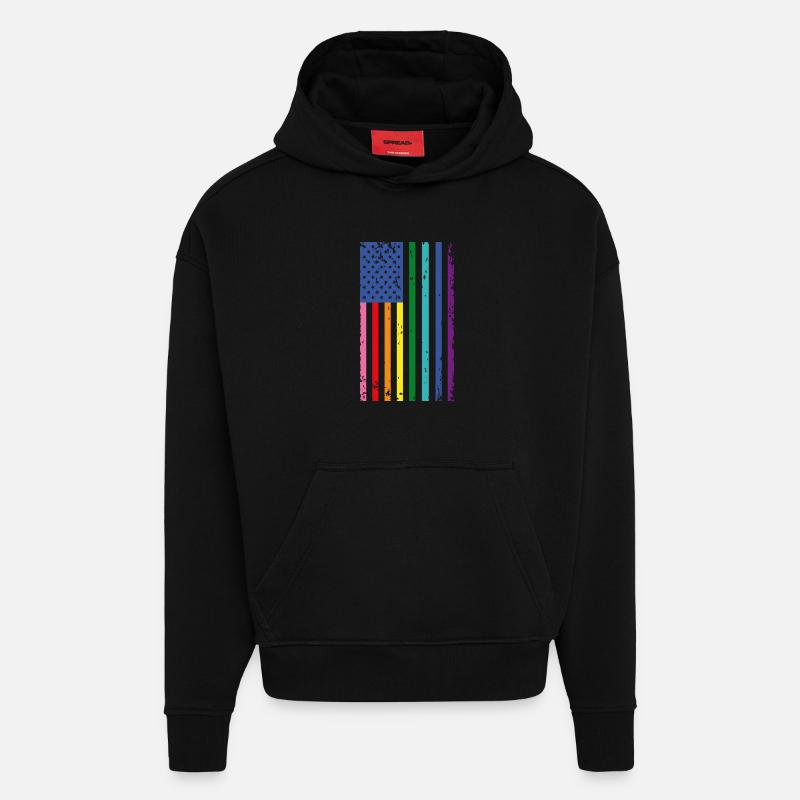 Drapeau arc-en-ciel des États-Unis - Sweat à capuche bio épais oversize fabriqué en UE - SOLID BLACK