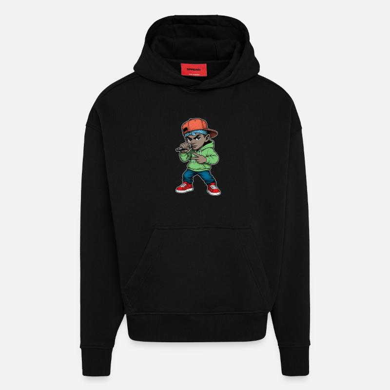 Young Rapper Boy With Microphone - Hoodie- made by SPREAD  - SOLID BLACK