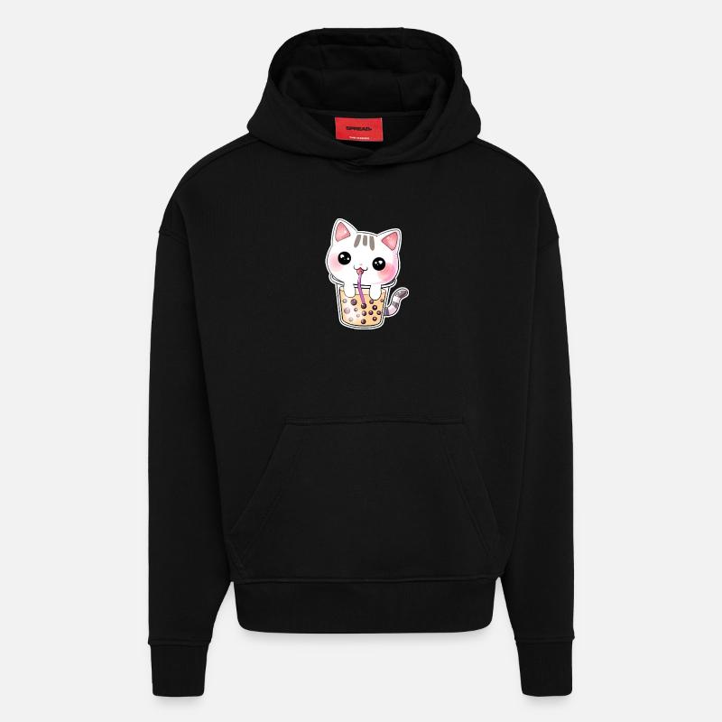 Kawaii Bubble Tea Cat - Hoodie- made by SPREAD  - SOLID BLACK
