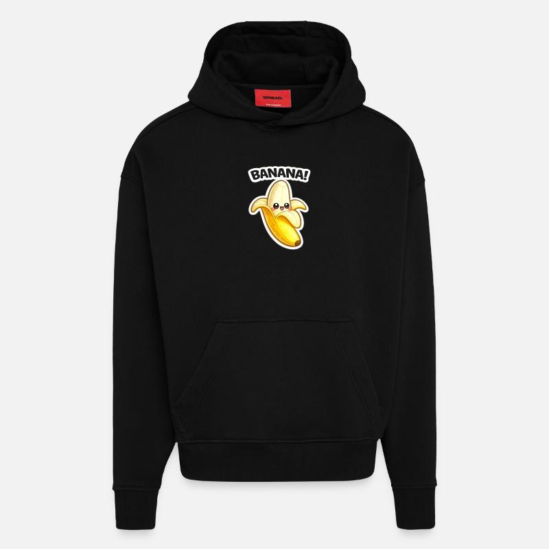 Impression de banane dessinée Kawaii - Sweat à capuche bio épais oversize fabriqué en UE - SOLID BLACK