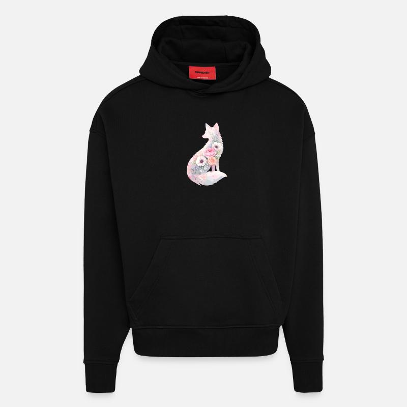 Silhouette de renard Aquarelle Fleurs - Sweat à capuche bio épais oversize fabriqué en UE - SOLID BLACK