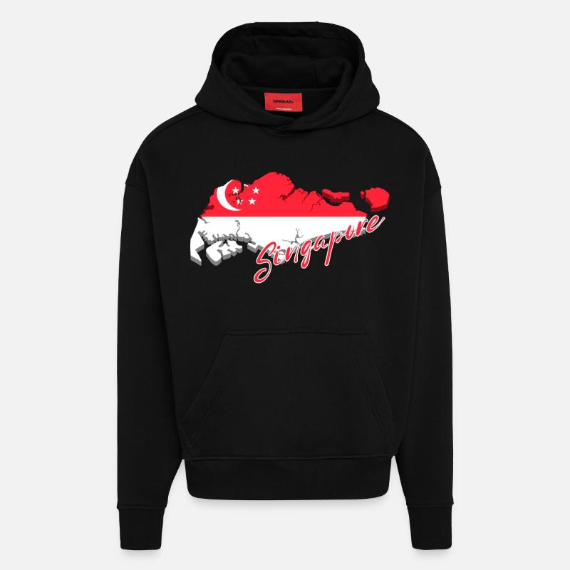 Carte de Singapour, drapeau de Singapour - Sweat à capuche bio épais oversize fabriqué en UE - SOLID BLACK
