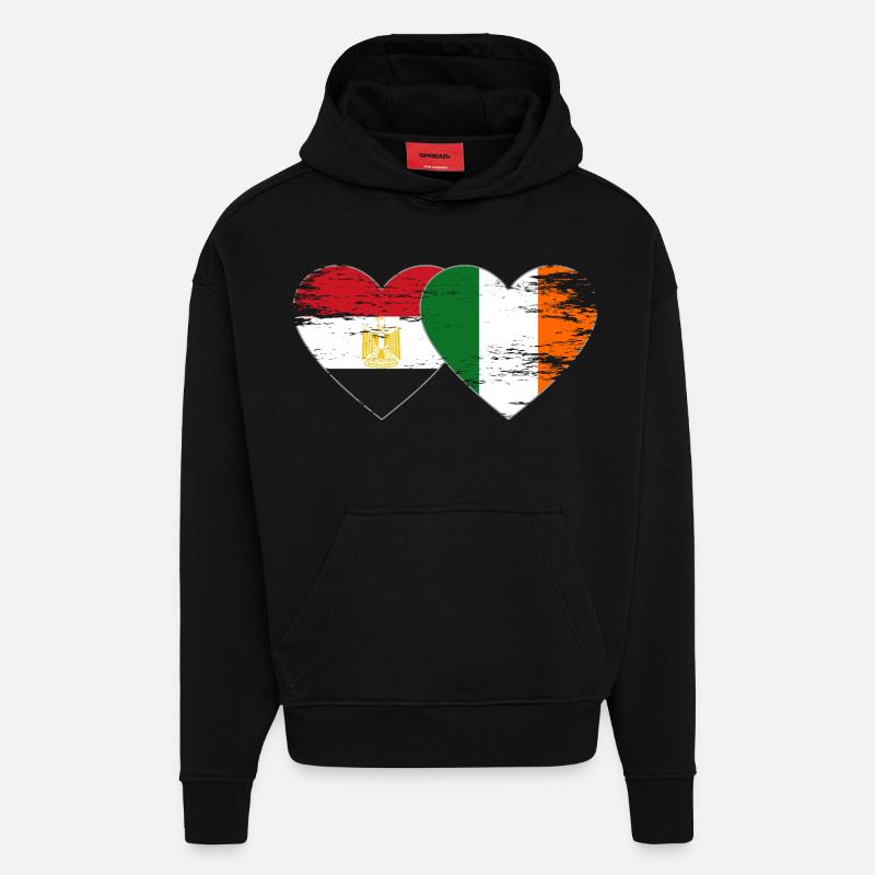 Egypte Irlande Drapeau Coeur Utilisé - Sweat à capuche bio épais oversize fabriqué en UE - SOLID BLACK