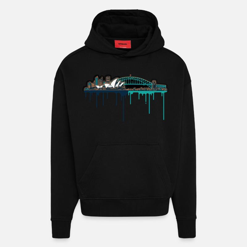 Impression néon de Sydney Skyline - Sweat à capuche bio épais oversize fabriqué en UE - SOLID BLACK