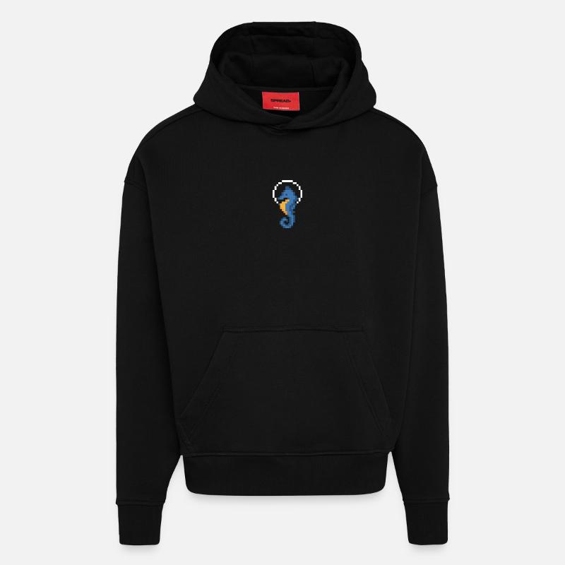 Hippocampe Pixel Bleu - Sweat à capuche bio épais oversize fabriqué en UE - SOLID BLACK