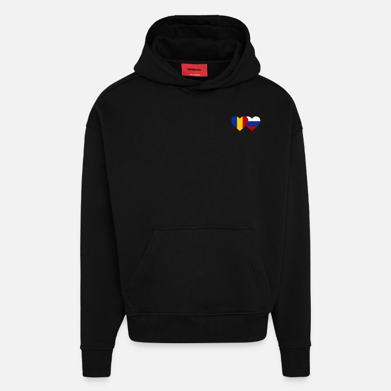Roumanie Russie Drapeau Coeur - Sweat à capuche bio épais oversize fabriqué en UE - SOLID BLACK
