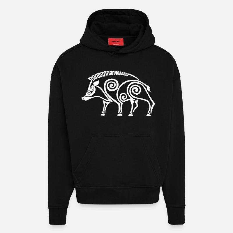 sanglier celte blanc - Sweat à capuche bio épais oversize fabriqué en UE - SOLID BLACK