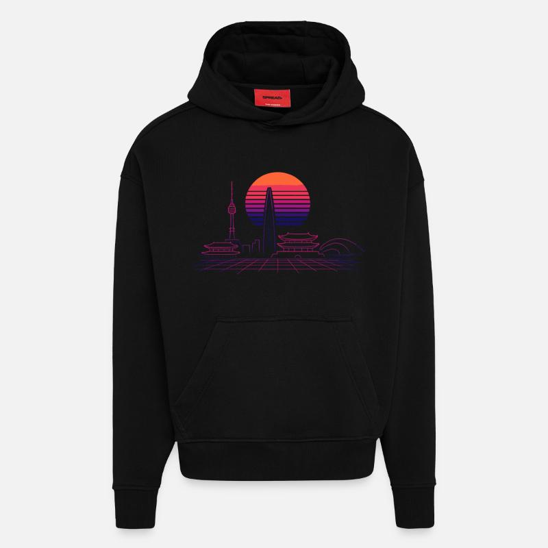 Sunset Skyline Neon Asia Séoul - Sweat à capuche bio épais oversize fabriqué en UE - SOLID BLACK