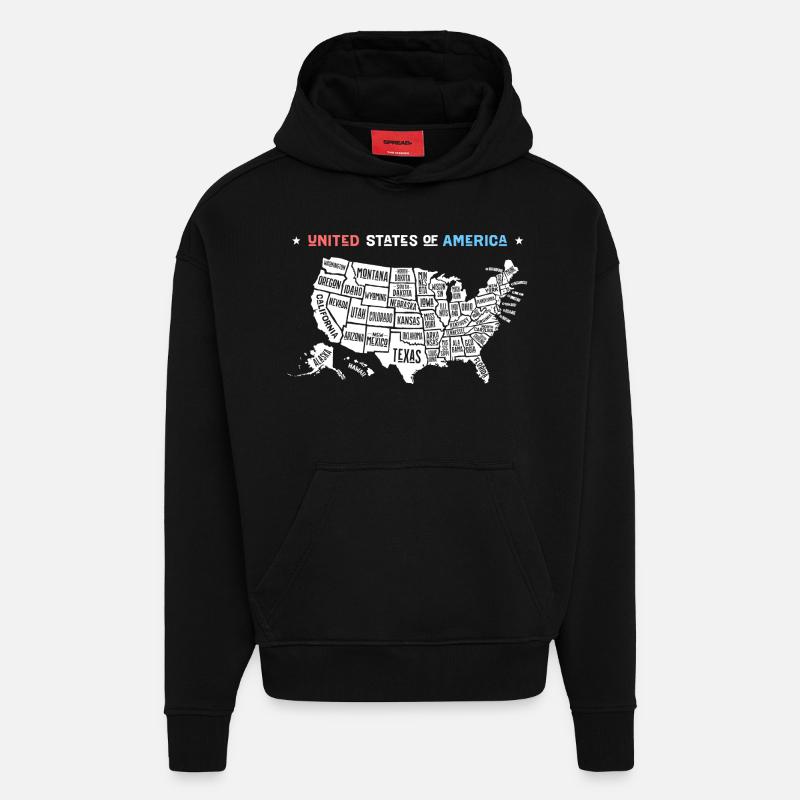 American Map Graphic Art - Sweat à capuche bio épais oversize fabriqué en UE - SOLID BLACK