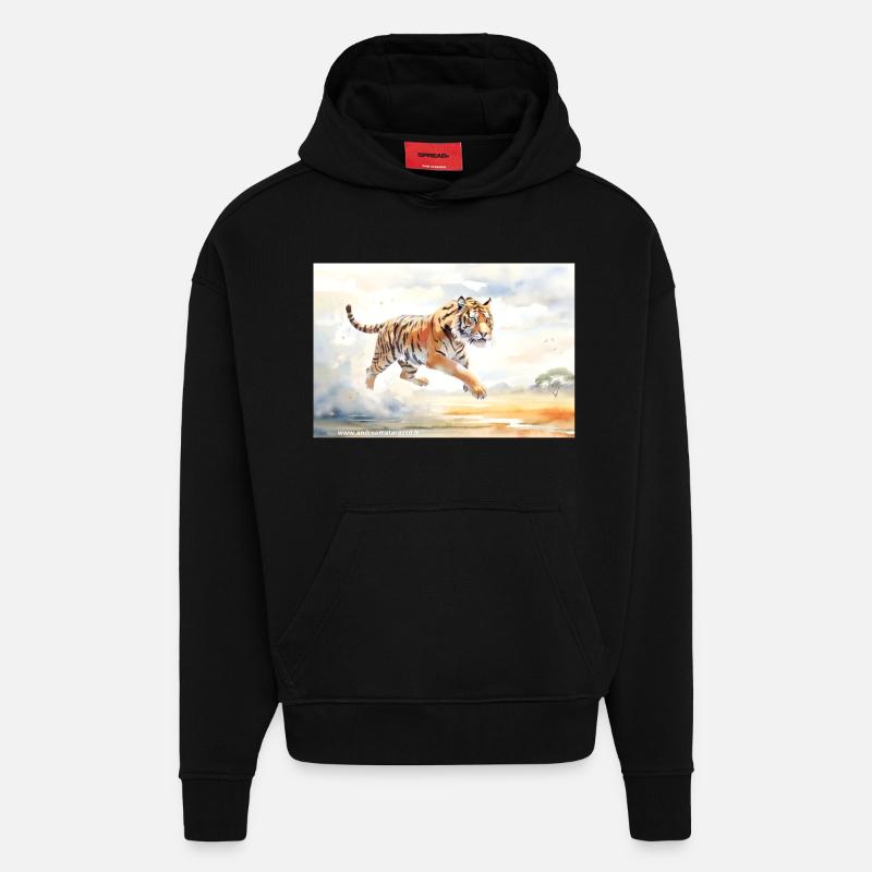 Tiger en action - Sweat à capuche bio épais oversize fabriqué en UE - SOLID BLACK