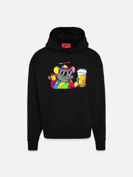 Party Mouse with Beer - Hoodie- made by SPREAD  - SOLID BLACK