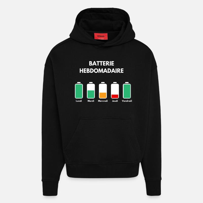 Batterie hebdomadaire. - Sweat à capuche bio épais oversize fabriqué en UE - SOLID BLACK
