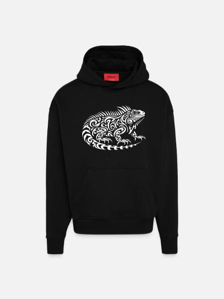 Iguane tribal - Sweat à capuche bio épais oversize fabriqué en UE - SOLID BLACK
