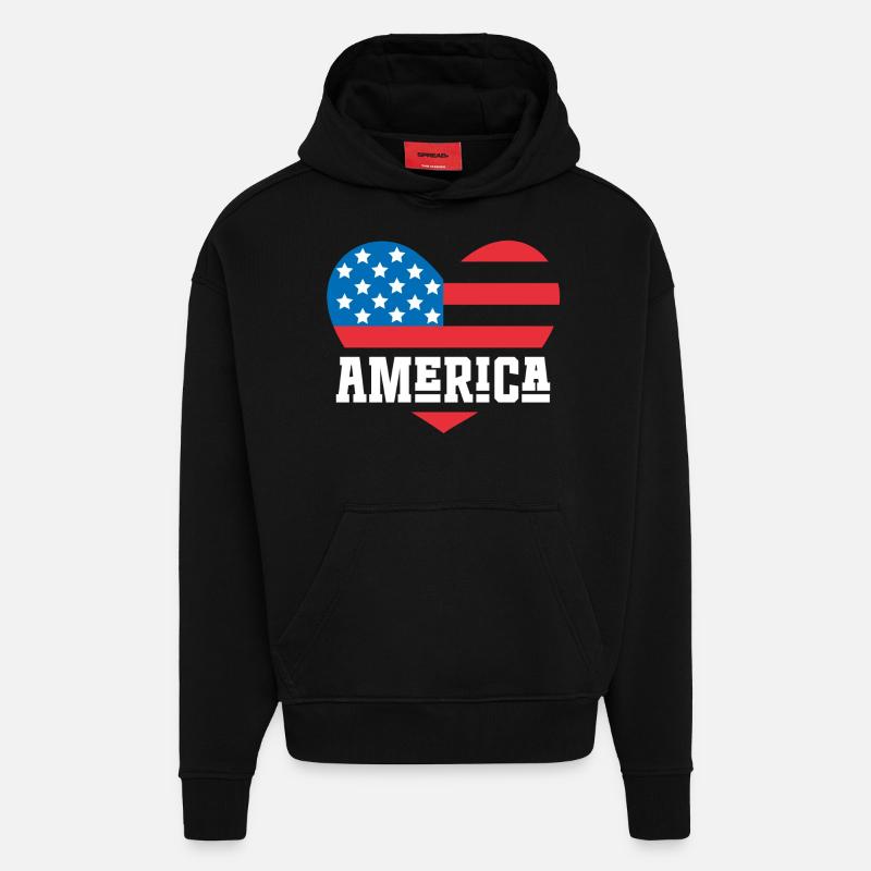 Drapeau de l’Amérique Coeur - Sweat à capuche bio épais oversize fabriqué en UE - SOLID BLACK