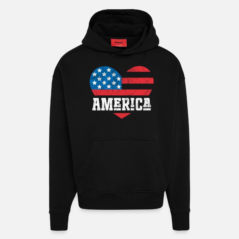 Drapeau de l’Amérique Coeur - Sweat à capuche bio épais oversize fabriqué en UE - SOLID BLACK