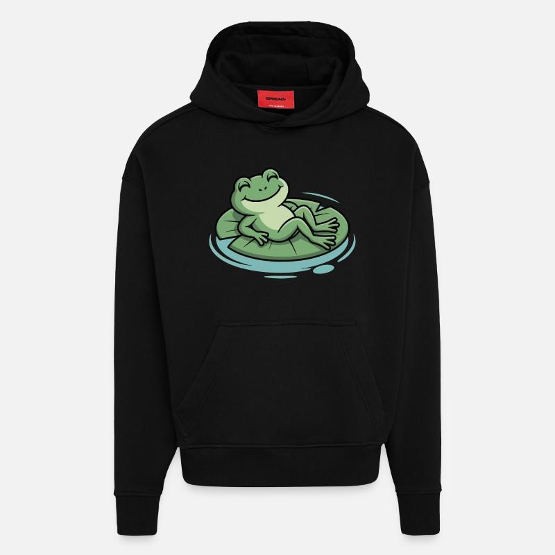 Grenouille froide sur un coussin feuille - Sweat à capuche bio épais oversize fabriqué en UE - SOLID BLACK