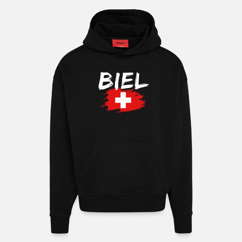 Bienne Suisse Drapeau - Sweat à capuche bio épais oversize fabriqué en UE - SOLID BLACK