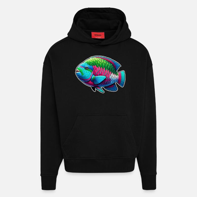 Poisson-perroquet Poisson perroquet mignon - Sweat à capuche bio épais oversize fabriqué en UE - SOLID BLACK