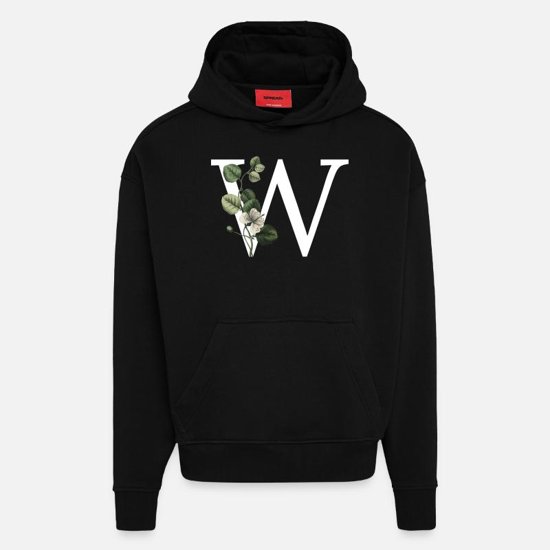 lettre w botanique vert - Sweat à capuche bio épais oversize fabriqué en UE - SOLID BLACK