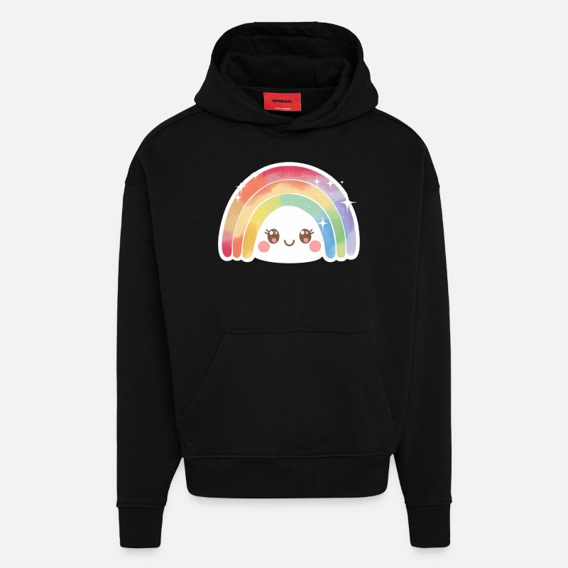 Kawaii Mignon Arc-en-ciel - Sweat à capuche bio épais oversize fabriqué en UE - SOLID BLACK
