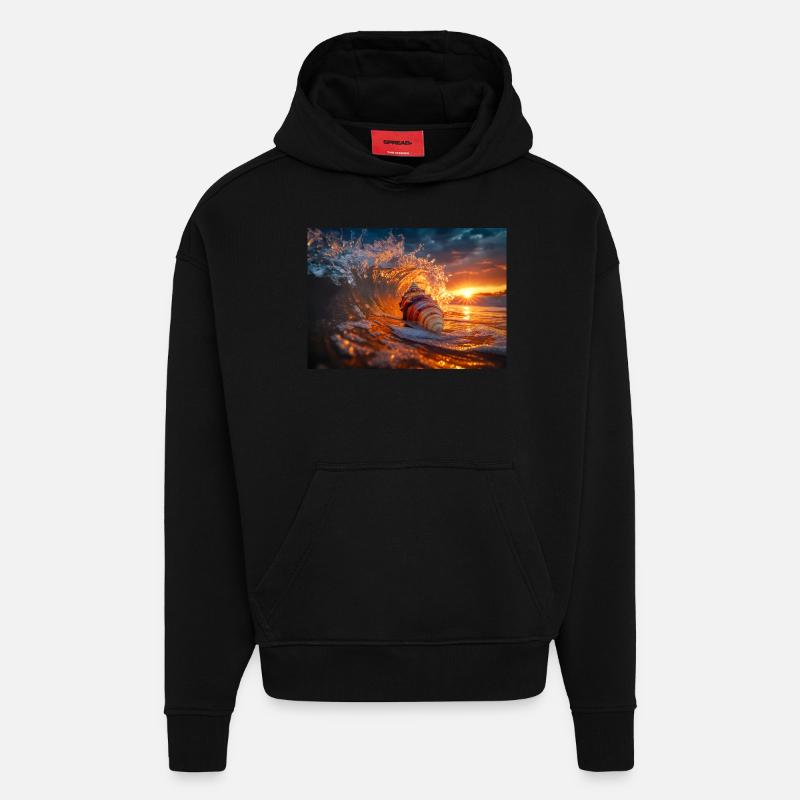 Sunset Wave & Seashell Symphony - Sweat à capuche bio épais oversize fabriqué en UE - SOLID BLACK