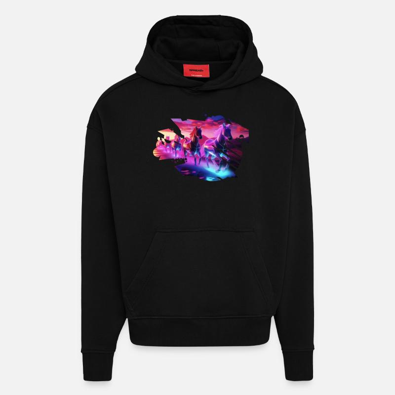 Troupeau électrique - Synthwave Horses - Sweat à capuche bio épais oversize fabriqué en UE - SOLID BLACK