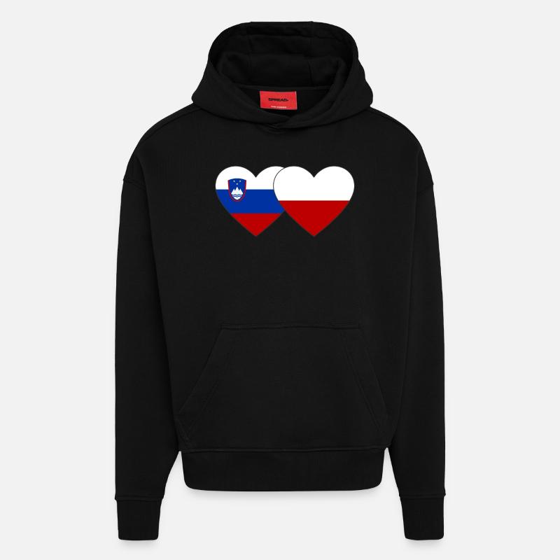 Slovénie Pologne Drapeau Coeur - Sweat à capuche bio épais oversize fabriqué en UE - SOLID BLACK