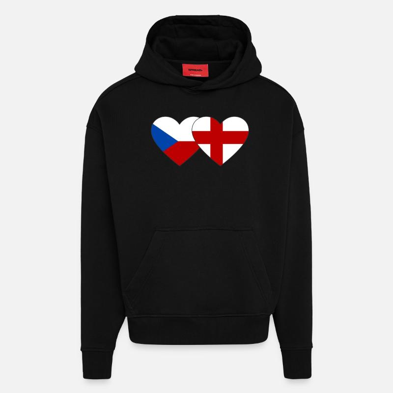 République tchèque Angleterre Drapeau Coeur - Sweat à capuche bio épais oversize fabriqué en UE - SOLID BLACK