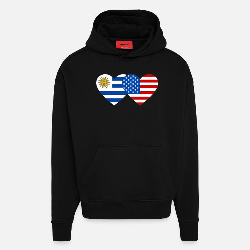 Uruguay États-Unis Drapeau Coeur - Sweat à capuche bio épais oversize fabriqué en UE - SOLID BLACK