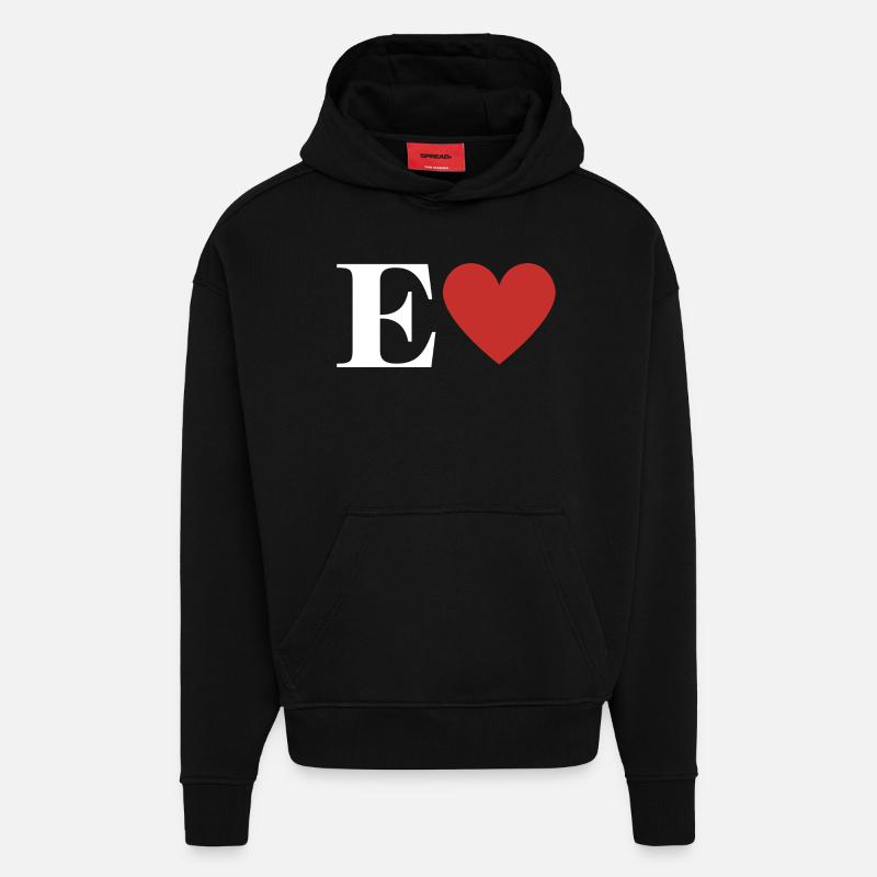 Lettre e cœur rouge - Sweat à capuche bio épais oversize fabriqué en UE - SOLID BLACK