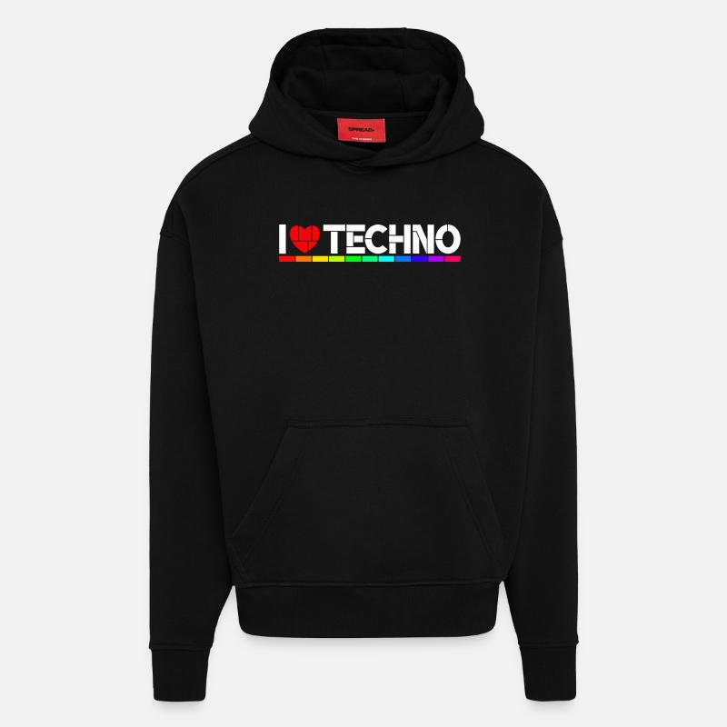 I love Techno - Sweat à capuche bio épais oversize fabriqué en UE - SOLID BLACK