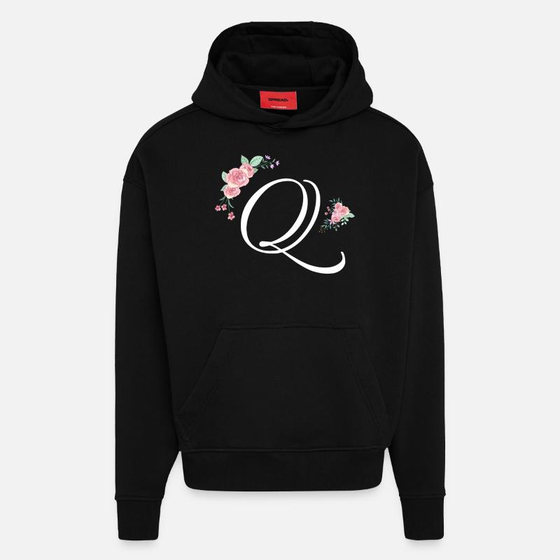 Lettre q fleurs - Sweat à capuche bio épais oversize fabriqué en UE - SOLID BLACK