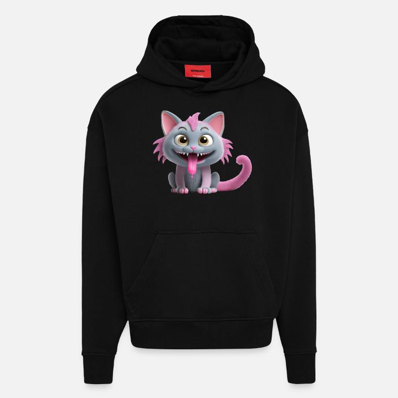 Chat monstre effrayant et mignon - Sweat à capuche bio épais oversize fabriqué en UE - SOLID BLACK