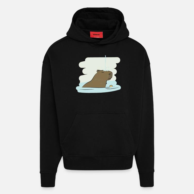 Design d’illustration « Baisers de Capybara » - Sweat à capuche bio épais oversize fabriqué en UE - SOLID BLACK